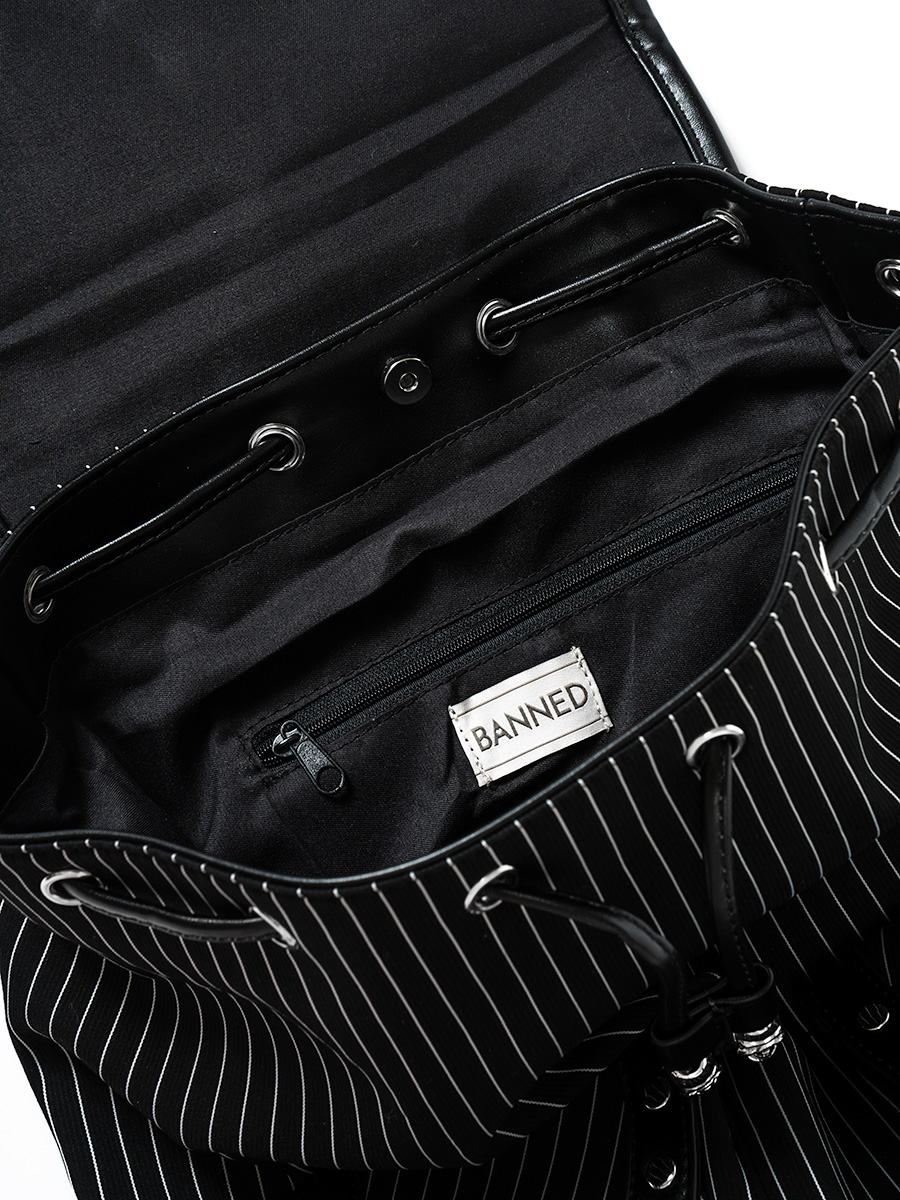 ブラックバックパック ストライプ 斜めストライプ刺繍 リュックサック 《ブルーナイロン地・黒色