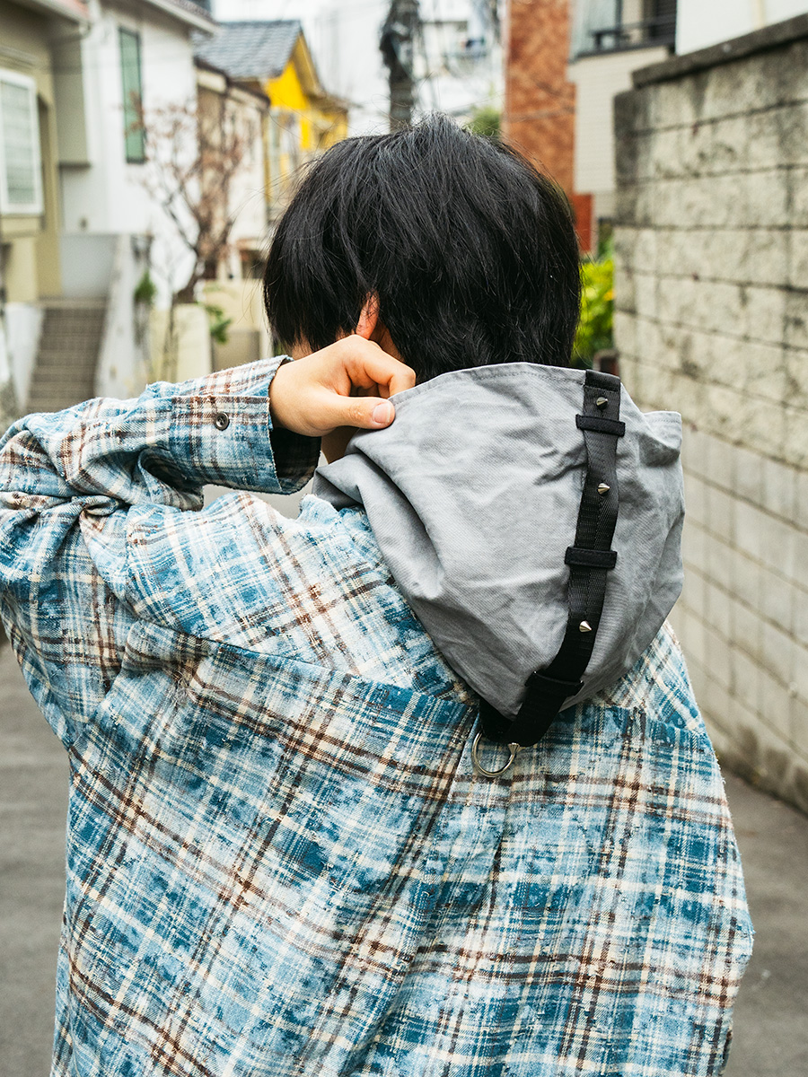 シャツ フーディー 長袖 チェック ペイント パッチ ブルー Fサイズ ユニセックス HELLCATPUNKS ヘルキャットパンクス フーディーチェックシャツ フーディーチェックシャツ/HELLCATPUNKS(ヘルキャットパンクス
